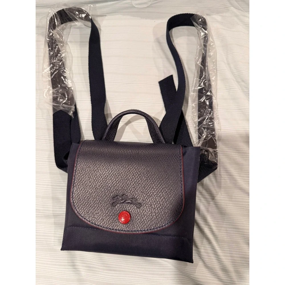 NWT Authentic Longchamp Le Pliage Navy Backpack Red Accents One of a Kind Color